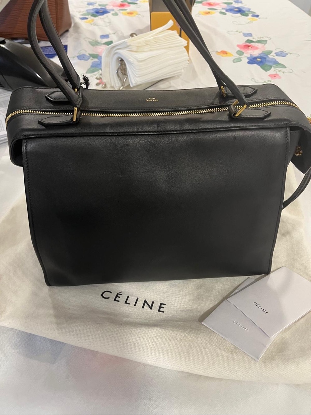 Celine Black Leather Satchel with Gold-Tone Hardware